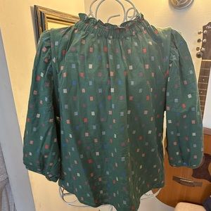 Anthropologie Green with multicolor checked blouse.